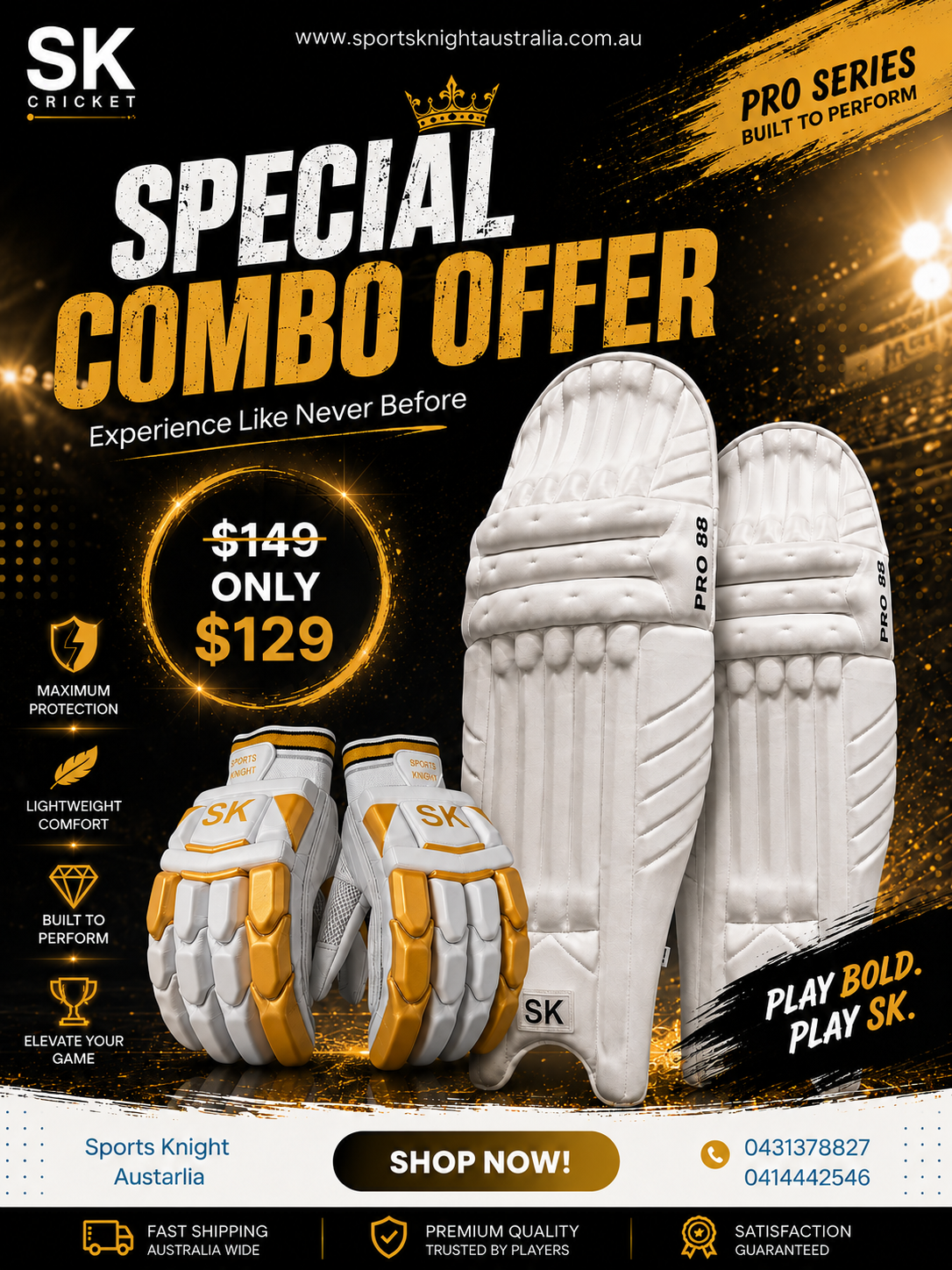SK Cricket Batting Pads & Gloves - Combo Offer